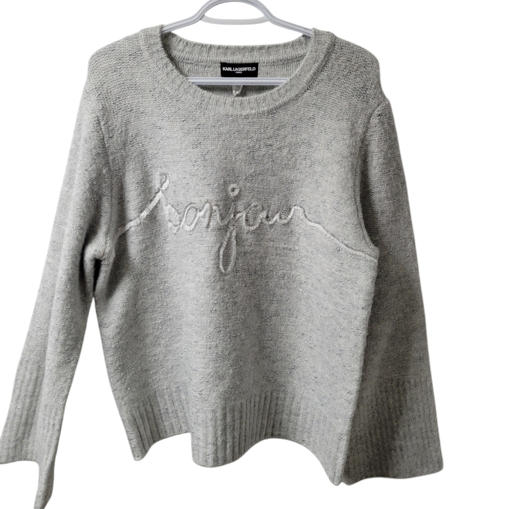 Karl Lagerfeld Gray Women's Bonjour Script Sweater | Size: XL - Picture 2 of 10